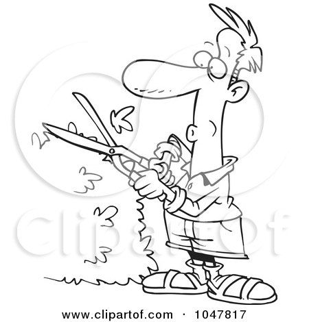 Royalty-Free (RF) Clip Art Illustration of a Cartoon Black And White Outline Design Of A Guy Trimming A Hedge by toonaday
