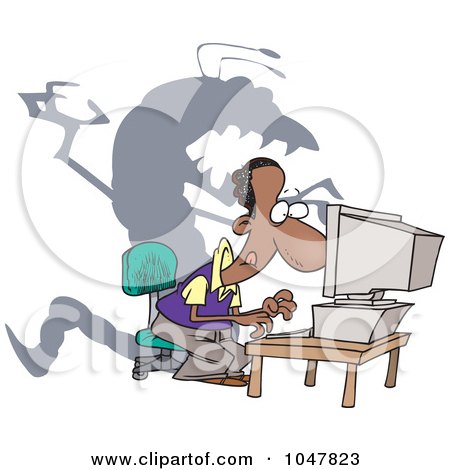 Royalty-Free (RF) Clip Art Illustration of a Cartoon Shadow Monster Over A Man On A Computer by toonaday