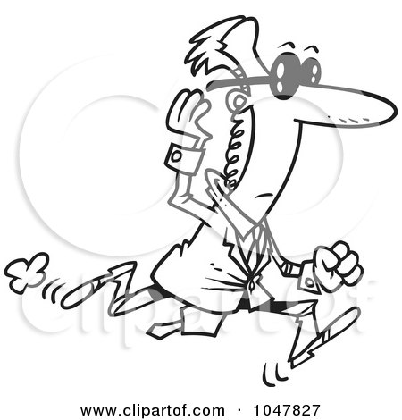 Royalty-Free (RF) Clip Art Illustration of a Cartoon Black And White Outline Design Of A Running Secret Service Guy by toonaday