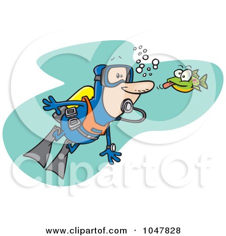 Royalty-Free (RF) Clip Art Illustration of a Cartoon Fish Sticking His Tongue Out At A Scuba Diver by toonaday
