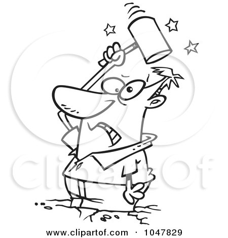 Royalty-Free (RF) Clip Art Illustration of a Cartoon Black And White Outline Design Of A Man Beating Himself With A Hammer by toonaday