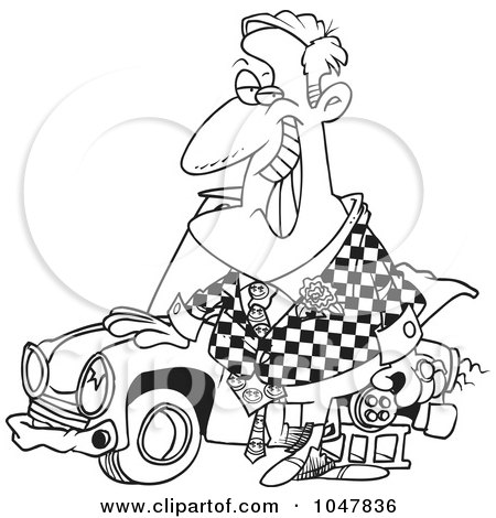 Royalty-Free (RF) Clip Art Illustration of a Cartoon Black And White Outline Design Of A Shifty Car Salesman by toonaday