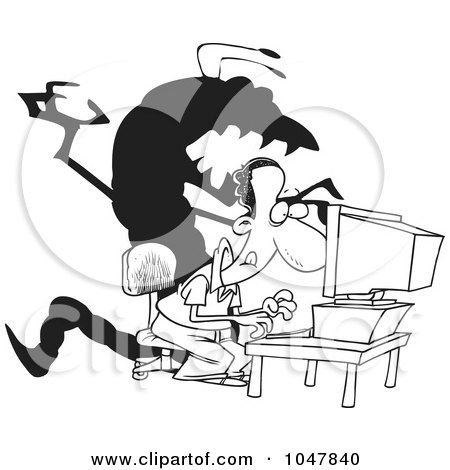 Royalty-Free (RF) Clip Art Illustration of a Cartoon Black And White Outline Design Of A Shadow Monster Over A Man On A Computer by toonaday