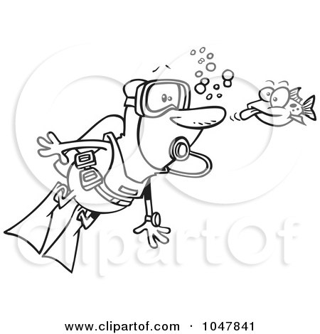 Royalty-Free (RF) Clip Art Illustration of a Cartoon Black And White Outline Design Of A Fish Sticking His Tongue Out At A Scuba Diver by toonaday
