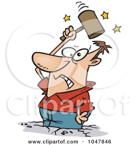 Royalty-Free (RF) Clip Art Illustration of a Cartoon Man Beating Himself With A Hammer by toonaday