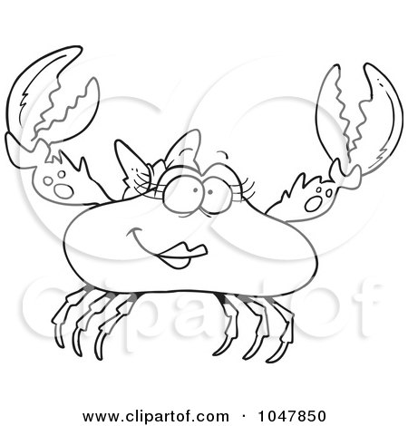 Royalty-Free (RF) Clip Art Illustration of a Cartoon Black And White Outline Design Of A Female Crab by toonaday