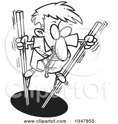 Royalty-Free (RF) Clip Art Illustration of a Cartoon Black And White Outline Design Of A Shaky Businessman Using Stilts by toonaday