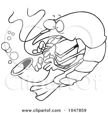 Royalty-Free (RF) Clip Art Illustration of a Cartoon Black And White Outline Design Of A Shrimp Playing A Saxophone by toonaday