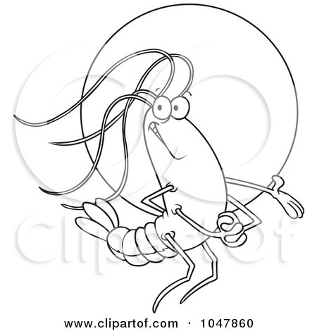 Royalty-Free (RF) Clip Art Illustration of a Cartoon Black And White Outline Design Of A Proud Shrimp In The Spotlight by toonaday