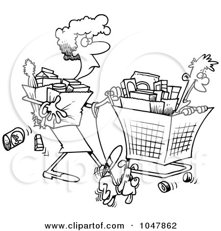 Royalty-Free (RF) Clip Art Illustration of a Cartoon Black And White Outline Design Of A Woman Shopping With Her Son by toonaday