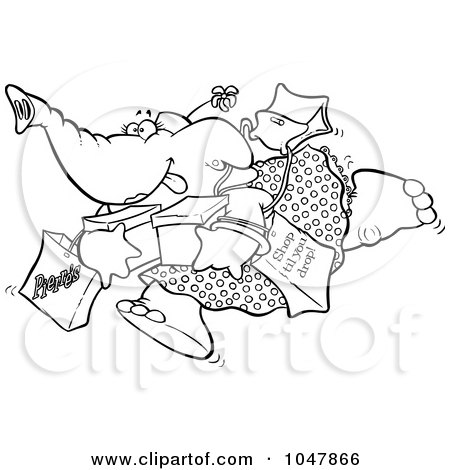 Royalty-Free (RF) Clip Art Illustration of a Cartoon Black And White Outline Design Of A Shopping Elephant by toonaday