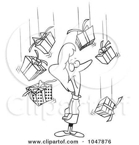 Royalty-Free (RF) Clip Art Illustration of a Cartoon Black And White Outline Design Of A Woman Being Showered In Gifts by toonaday