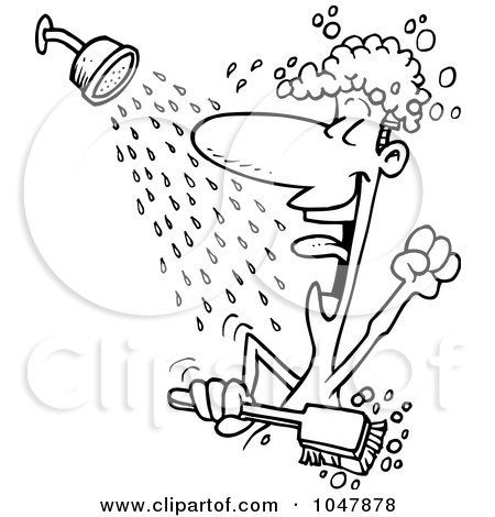 Royalty-Free (RF) Clip Art Illustration of a Cartoon Black And White Outline Design Of A Guy Singing In The Shower by toonaday