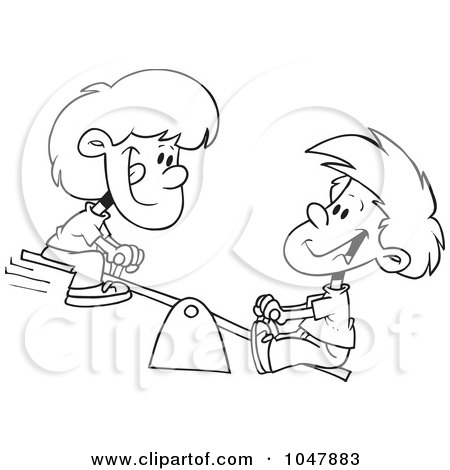 Royalty-Free (RF) Clip Art Illustration of a Cartoon Black And White Outline Design Of A Boy And Girl On A Teeter Totter by toonaday