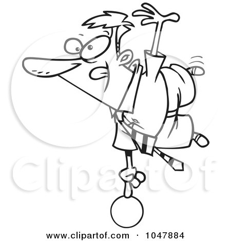 Royalty-Free (RF) Clip Art Illustration of a Cartoon Black And White Outline Design Of A Show Off Businessman Balanced On A Ball by toonaday