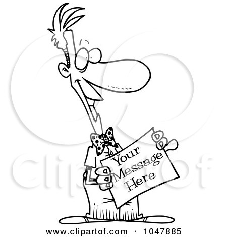 Royalty-Free (RF) Clip Art Illustration of a Cartoon Black And White Outline Design Of A Man Holding A Blank Sign by toonaday