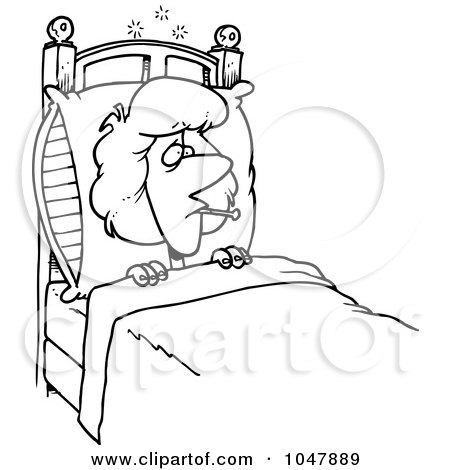 Royalty-Free (RF) Clip Art Illustration of a Cartoon Black And White Outline Design Of A Sick Woman In Bed by toonaday