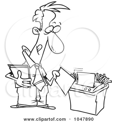 Royalty-Free (RF) Clip Art Illustration of a Cartoon Black And White Outline Design Of A Businessman Using A Shredder by toonaday
