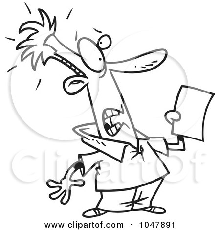 Royalty-Free (RF) Clip Art Illustration of a Cartoon Black And White Outline Design Of A Shocked Man Holding A Document by toonaday