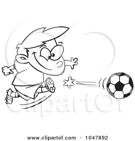 Royalty-Free (RF) Clip Art Illustration of a Cartoon Black And White Outline Design Of A Boy Kicking A Soccer Ball by toonaday