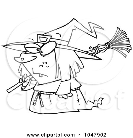 Royalty-Free (RF) Clip Art Illustration of a Cartoon Black And White Outline Design Of A Short Witch by toonaday