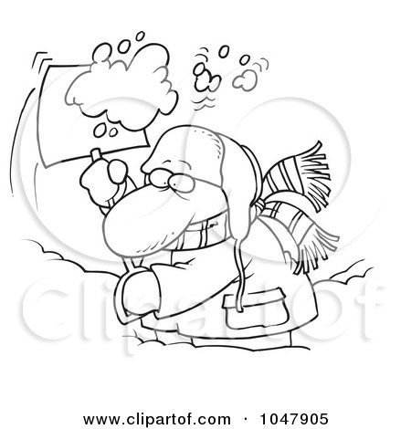 Royalty-Free (RF) Clip Art Illustration of a Cartoon Black And White Outline Design Of A Guy Shoveling Snow by toonaday
