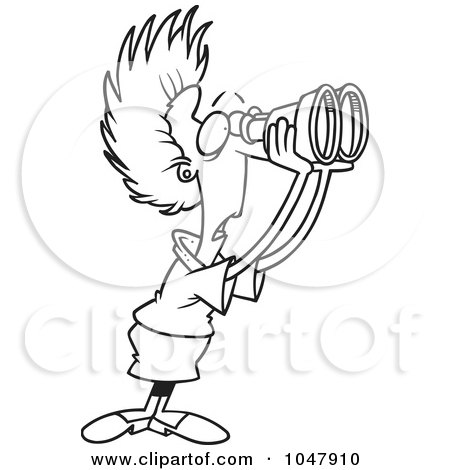 Royalty-Free (RF) Clip Art Illustration of a Cartoon Black And White Outline Design Of A Shocked Businesswoman Using Binoculars by toonaday