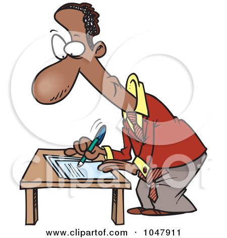 Royalty-Free (RF) Clip Art Illustration of a Cartoon Black Businessman Signing A Document by toonaday