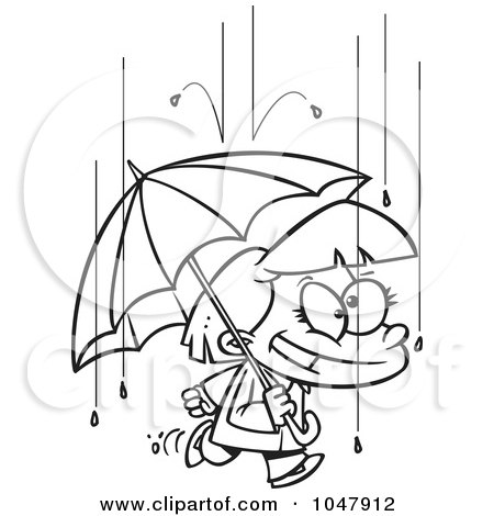 Royalty-Free (RF) Clip Art Illustration of a Cartoon Black And White Outline Design Of A Happy Girl With An Umbrella In The Rain by toonaday