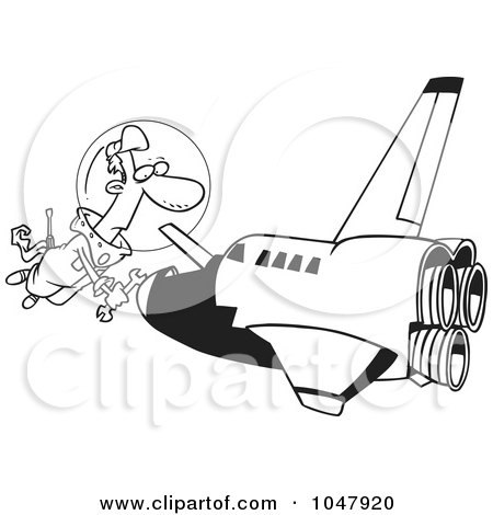 Royalty-Free (RF) Clip Art Illustration of a Cartoon Black And White Outline Design Of A Shuttle Mechanic Working by toonaday