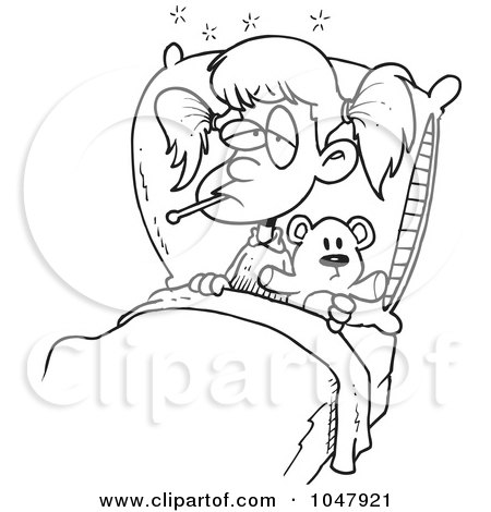 Royalty-Free (RF) Clip Art Illustration of a Cartoon Black And White Outline Design Of A Sick Girl With Her Teddy Bear In Bed by toonaday