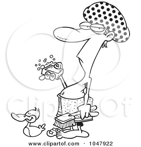 Royalty-Free (RF) Clip Art Illustration of a Cartoon Black And White Outline Design Of A Man Ready For A Shower by toonaday