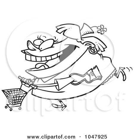 Royalty-Free (RF) Clip Art Illustration of a Cartoon Black And White Outline Design Of A Fat Woman Shopping by toonaday