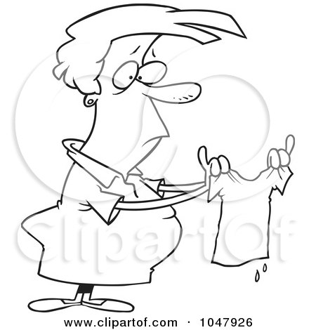 Royalty-Free (RF) Clip Art Illustration of a Cartoon Black And White Outline Design Of A Woman Holding A Shrunk Shirt by toonaday