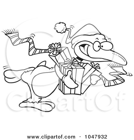 Royalty-Free (RF) Clip Art Illustration of a Cartoon Black And White Outline Design Of A Giving Christmas Penguin by toonaday