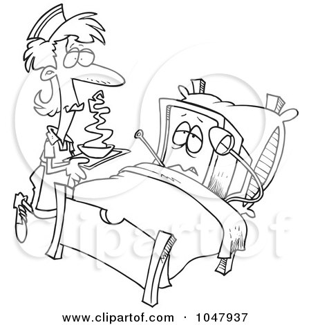 Royalty-Free (RF) Clip Art Illustration of a Cartoon Black And White Outline Design Of A Nurse Tending To A Sick Computer by toonaday