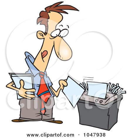 Royalty-Free (RF) Clip Art Illustration of a Cartoon Businessman Using A Shredder by toonaday