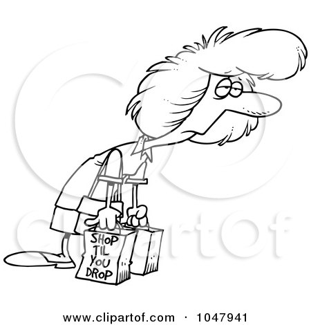 Royalty-Free (RF) Clip Art Illustration of a Cartoon Black And White Outline Design Of An Exhausted Shopaholic by toonaday