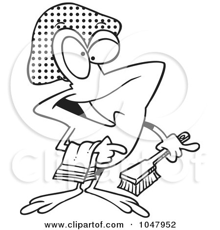 Royalty-Free (RF) Clip Art Illustration of a Cartoon Black And White Outline Design Of A Frog With Shower Gear by toonaday