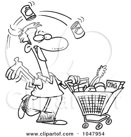 Royalty-Free (RF) Clip Art Illustration of a Cartoon Black And White Outline Design Of A Guy Grocery Shopping by toonaday