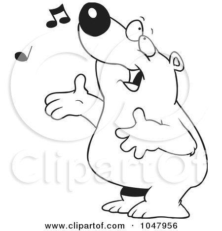 Royalty-Free (RF) Clip Art Illustration of a Cartoon Black And White Outline Design Of A Singing Bear by toonaday