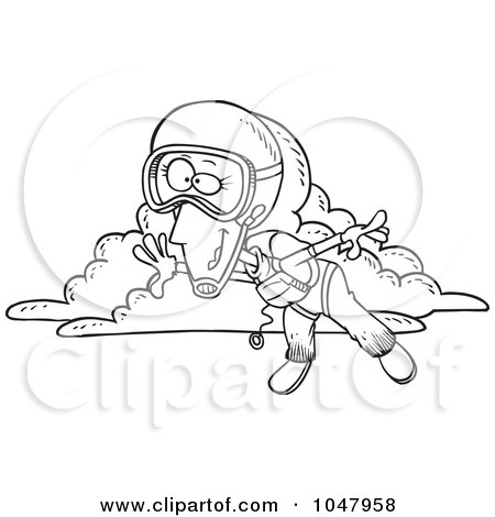 Royalty-Free (RF) Clip Art Illustration of a Cartoon Black And White Outline Design Of A Skydiving Woman by toonaday