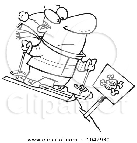 Royalty-Free (RF) Clip Art Illustration of a Cartoon Black And White Outline Design Of A Guy Skiing Down A Dangerous Slope by toonaday
