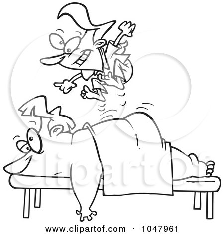 Royalty-Free (RF) Clip Art Illustration of a Cartoon Black And White Outline Design Of A Tiny Massage Therapist Jumping On Her Client by toonaday