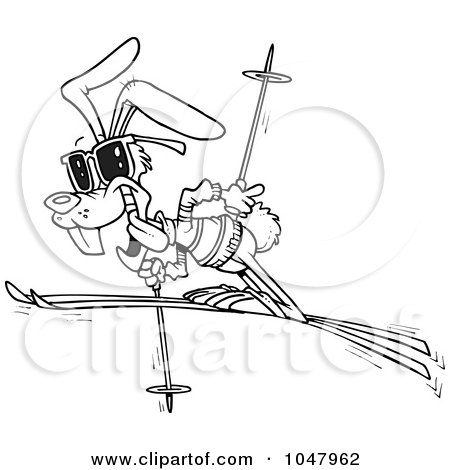Royalty-Free (RF) Clip Art Illustration of a Cartoon Black And White Outline Design Of A Ski Rabbit by toonaday