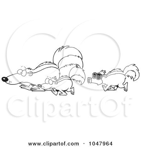 Royalty-Free (RF) Clip Art Illustration of a Cartoon Black And White Outline Design Of A Skunk Wearing A Mask And Following Others by toonaday