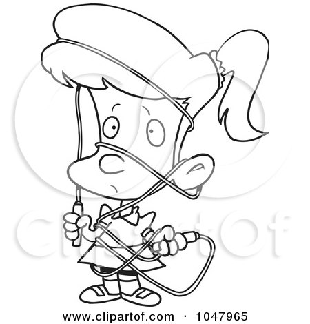 Royalty-Free (RF) Clip Art Illustration of a Cartoon Black And White Outline Design Of A Girl Tangled In A Jump Rope by toonaday