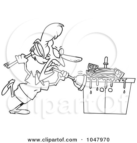 Royalty-Free (RF) Clip Art Illustration of a Cartoon Black And White Outline Design Of A Woman Tackling A Sink With A Plunger by toonaday
