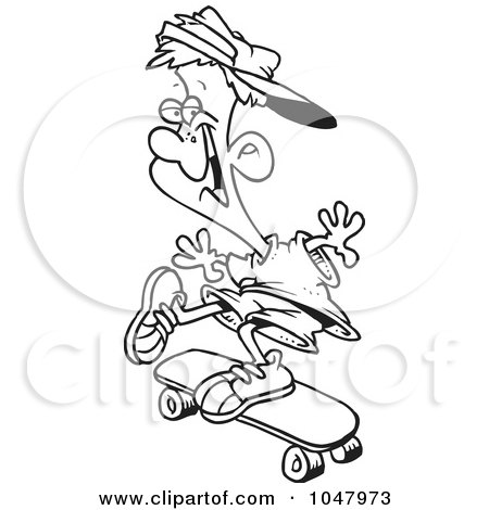 Royalty-Free (RF) Clip Art Illustration of a Cartoon Black And White Outline Design Of A Skater Boy by toonaday
