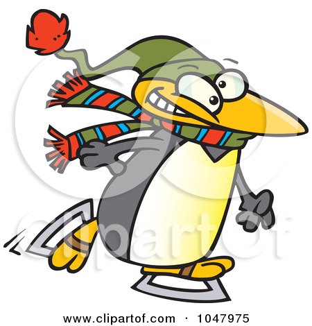 Royalty-Free (RF) Clip Art Illustration of a Cartoon Winter Penguin Ice Skating by toonaday
